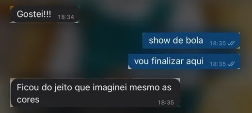 Print do WhatsApp. Cliente escreve “Gostei!!!” e “Ficou do jeito que imaginei mesmo as cores”