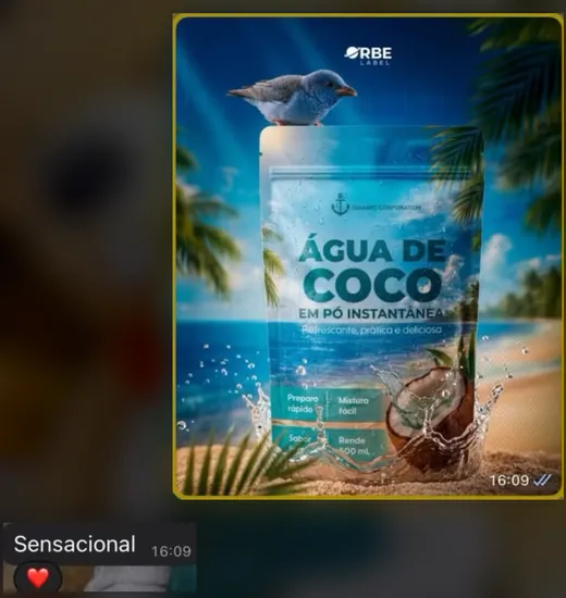 Print do WhatsApp. Cliente responde “Sensacional” ao ver a embalagem de água de coco