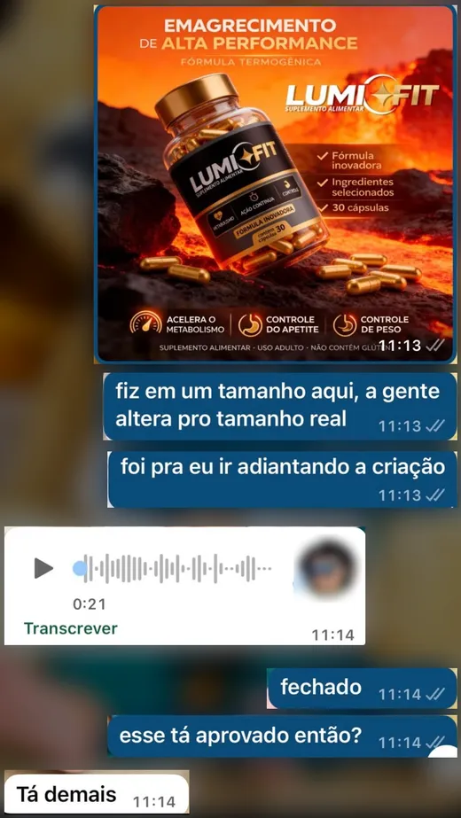 Print do WhatsApp. Cliente aprova a arte do Lumifit: “Tá demais”