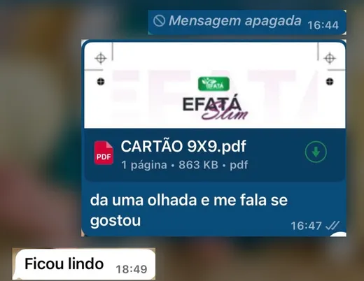 Print do WhatsApp. Cliente responde “Ficou lindo” ao cartão da Efatá Slim