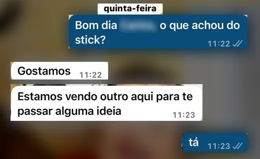 Print do WhatsApp. Cliente responde “Gostamos” sobre o adesivo