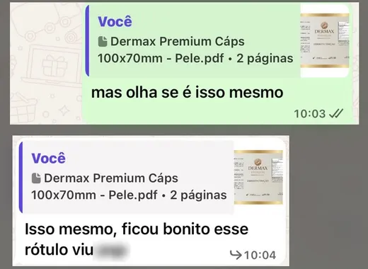 Print do WhatsApp. Cliente sobre o rótulo Dermax: “Isso mesmo, ficou bonito esse rótulo”