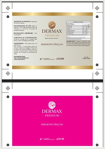 Arte final do rótulo Dermax Premium com marcas de registro e, abaixo, a máscara de tinta branca em magenta