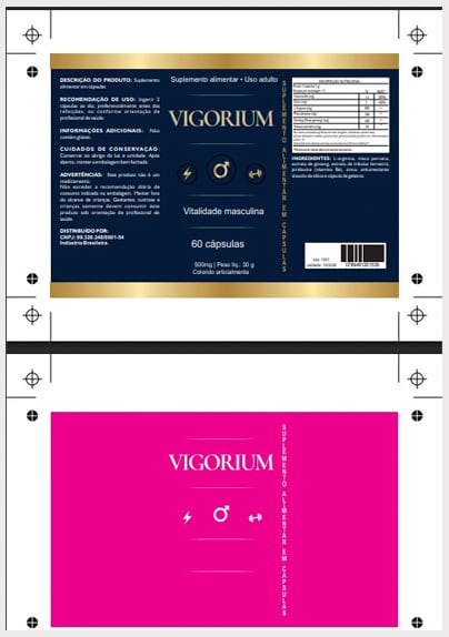 Arte final do rótulo Vigorium com marcas de registro e, abaixo, a máscara de tinta branca em magenta