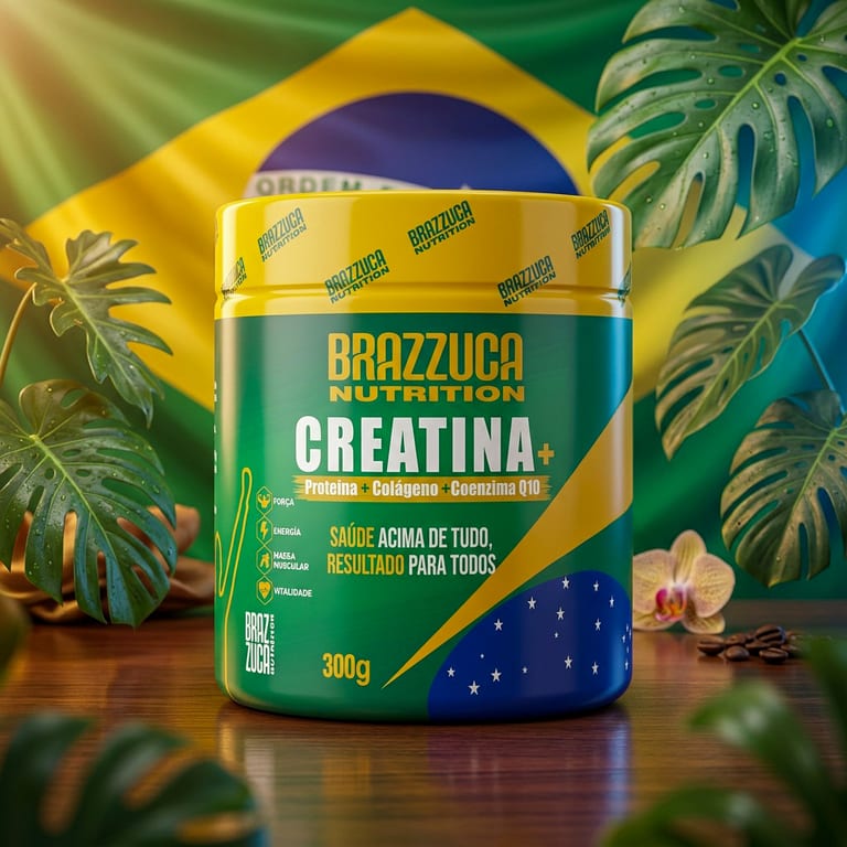 Pote de Creatina Brazzuca Nutrition 300 g com rótulo verde e amarelo nas cores do Brasil