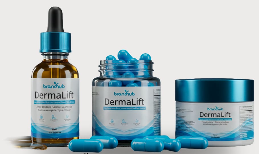 Linha DermaLift: frasco, pote de cápsulas e creme com rótulos brancos e azuis