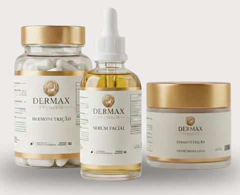 Linha Dermax Premium: pote de cápsulas, sérum facial e creme, com rótulos brancos e dourados
