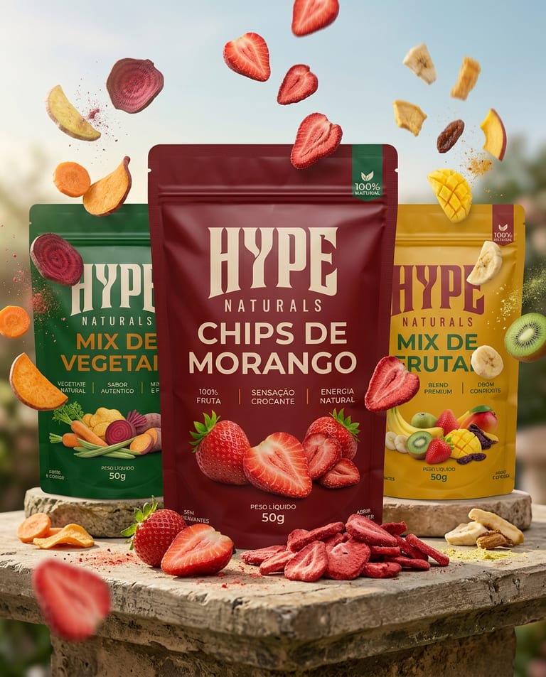 Linha Hype Naturals: embalagens de chips de morango, mix de frutas e mix de vegetais