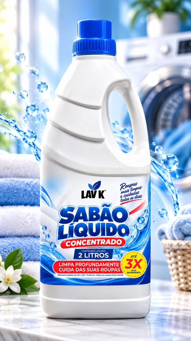 Frasco de 2 litros do Sabão Líquido Concentrado LAV K com rótulo azul e branco