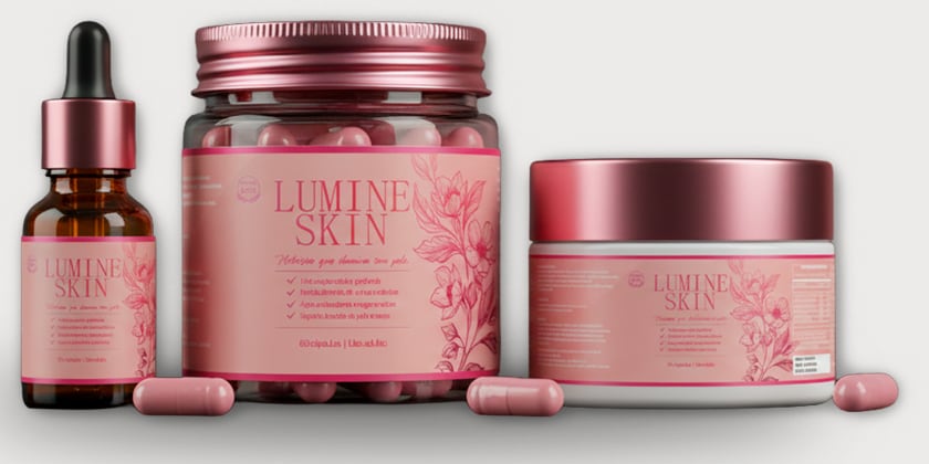 Linha Lumine Skin: frasco conta-gotas, pote de cápsulas e creme com rótulos rosa