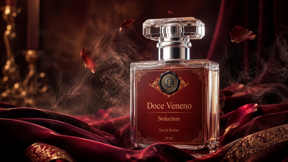 Perfume Doce Veneno Seduction com rótulo vinho e dourado