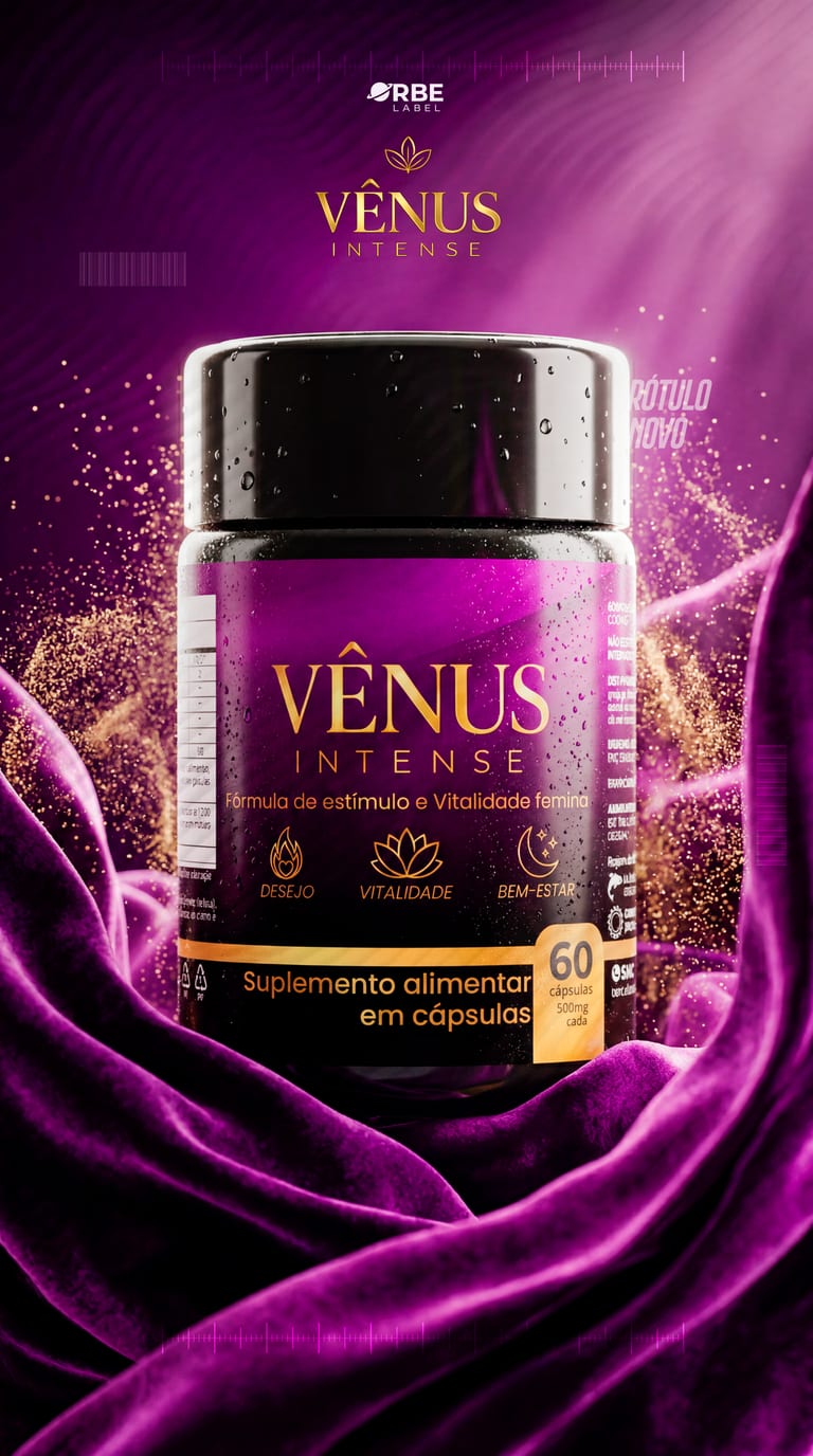 Pote Vênus Intense com rótulo roxo e dourado