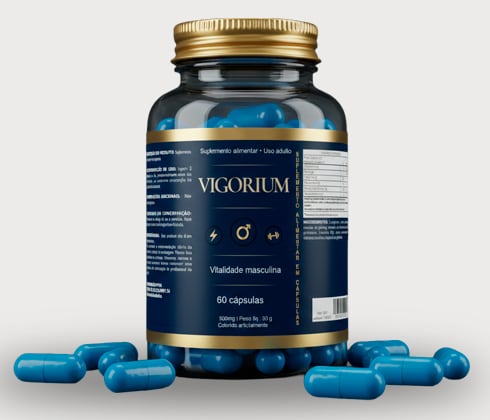 Pote de cápsulas Vigorium com rótulo azul-marinho e dourado